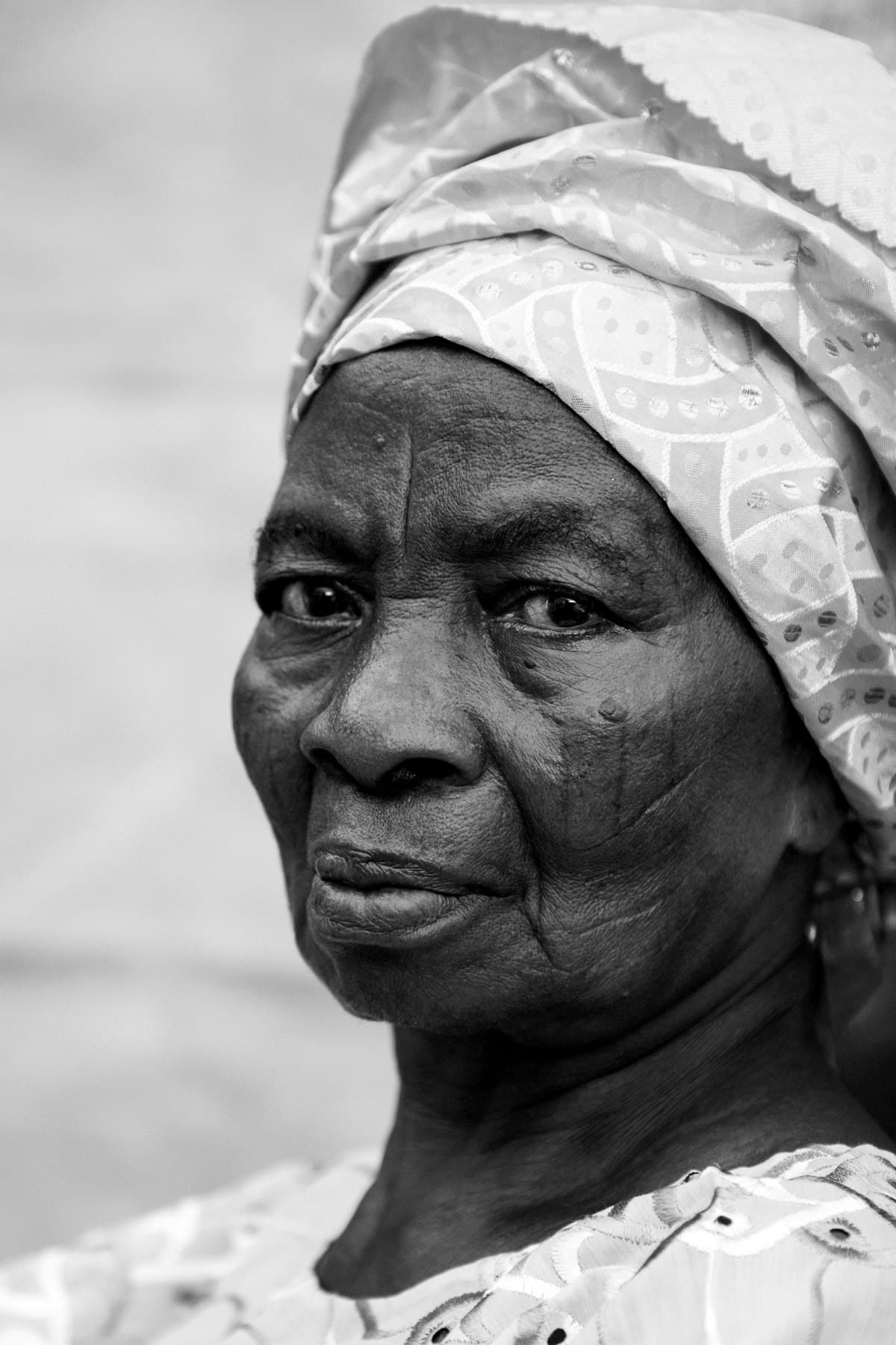 Elder portrait with traditional scarification, black and white