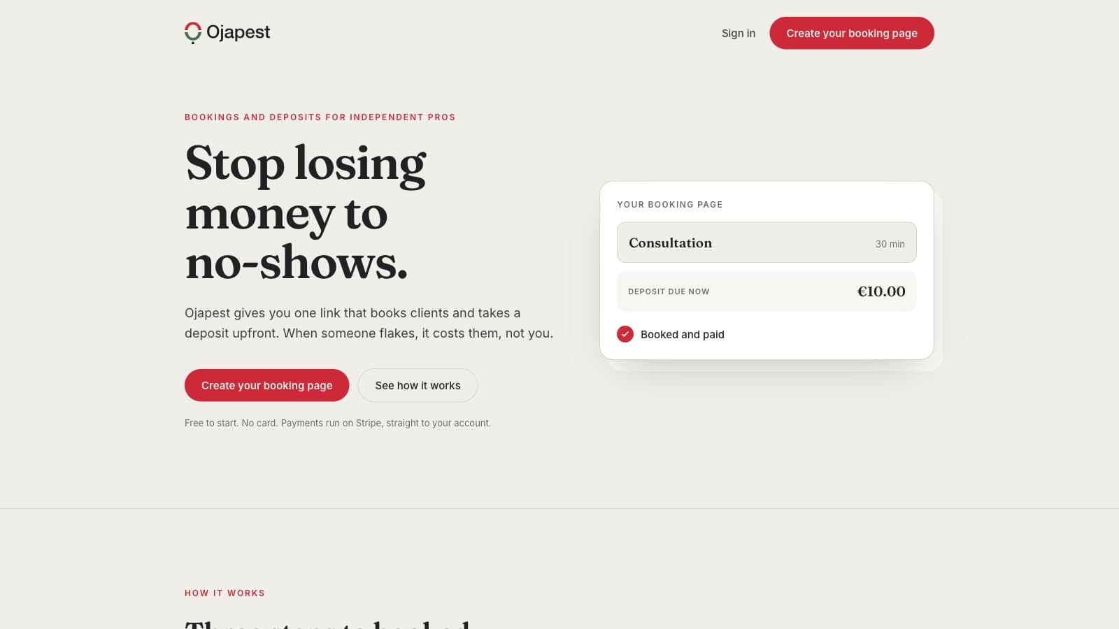 Ojapest: A booking product that takes the deposit upfront, so no-shows cost the client, not the pro.