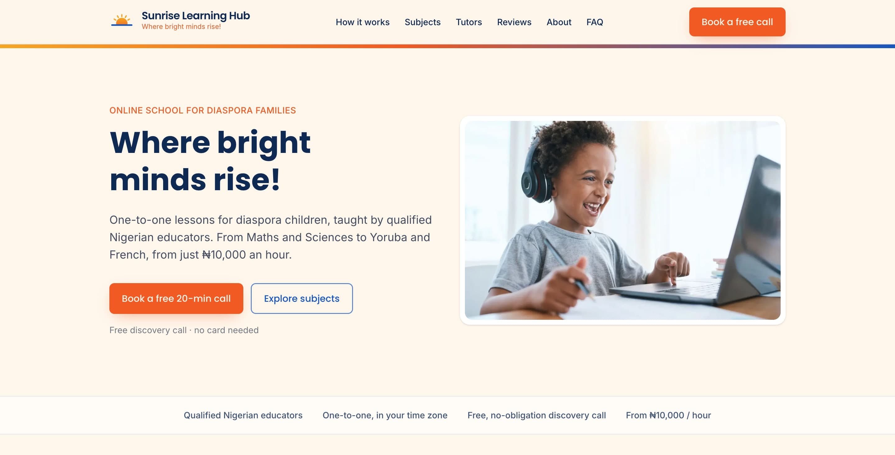 Sunrise Learning Hub: An online school for the diaspora. A brand warm enough to trust, and a site that books the first class.